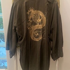 Zara Trafaluc Lined Sage Green Dragon Embroidery Kimono Cape Coat Jacket Size M